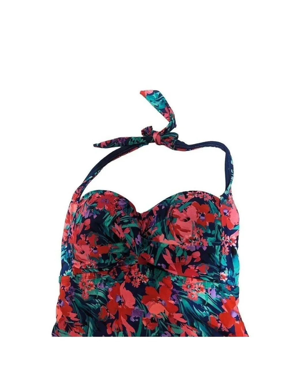 Catalina Women's XL 16/18 Orange Blue Floral One-Piece Halter Top Swimsuit